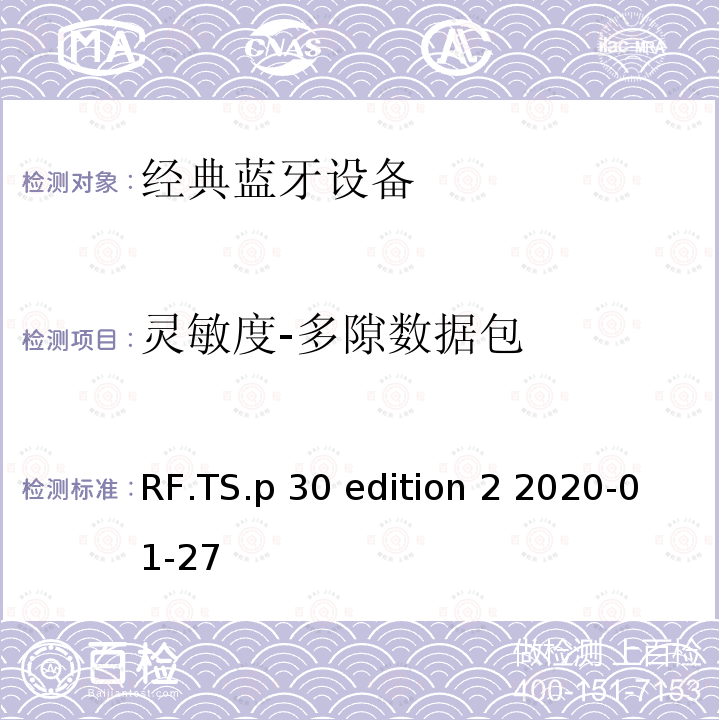 灵敏度-多隙数据包 RF.TS.p 30 edition 2 2020-01-27 蓝牙射频测试规范 RF.TS.p30 edition 2 2020-01-27