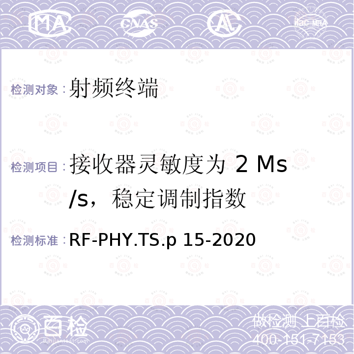 接收器灵敏度为 2 Ms/s，稳定调制指数 RF-PHY.TS.p 15-2020 低功耗蓝牙射频物理层测试规范 RF-PHY.TS.p15-2020