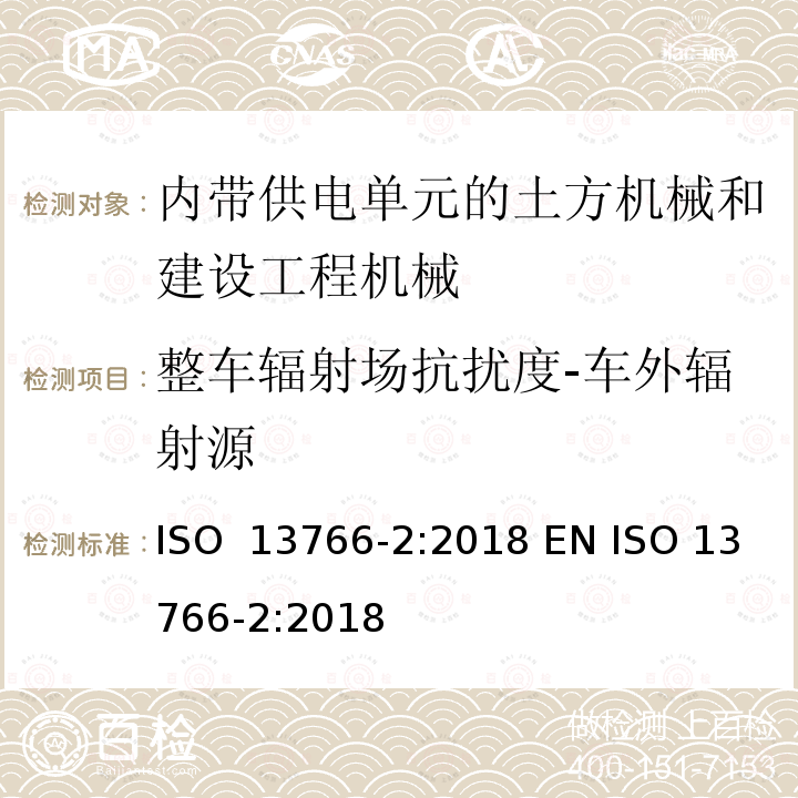 整车辐射场抗扰度-车外辐射源 土方机械和建设工程机械-内带供电单元的机械电磁兼容性（EMC）-第2部分 与功能安全有关的额外EMC要求 ISO 13766-2:2018 EN ISO 13766-2:2018