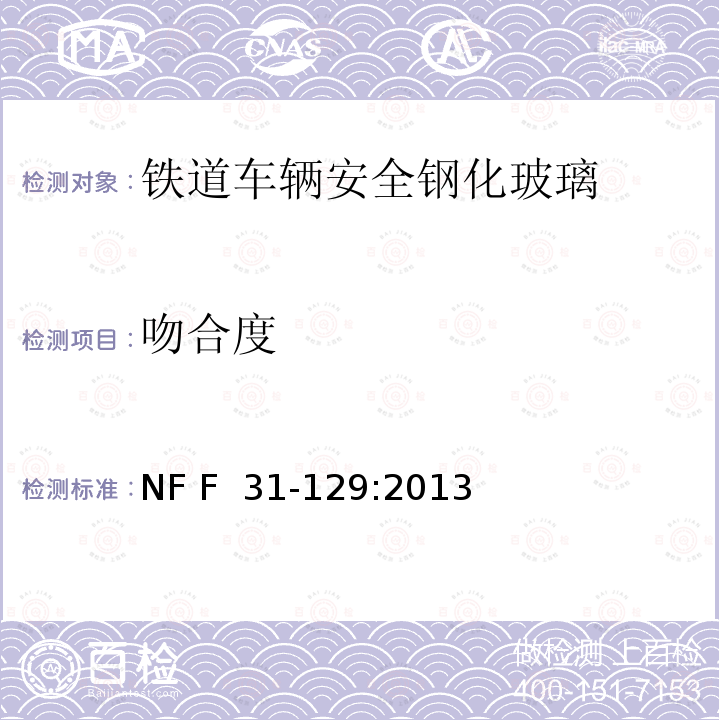 吻合度 NF F  31-129:2013 《铁道车辆安全钢化玻璃》 NF F 31-129:2013