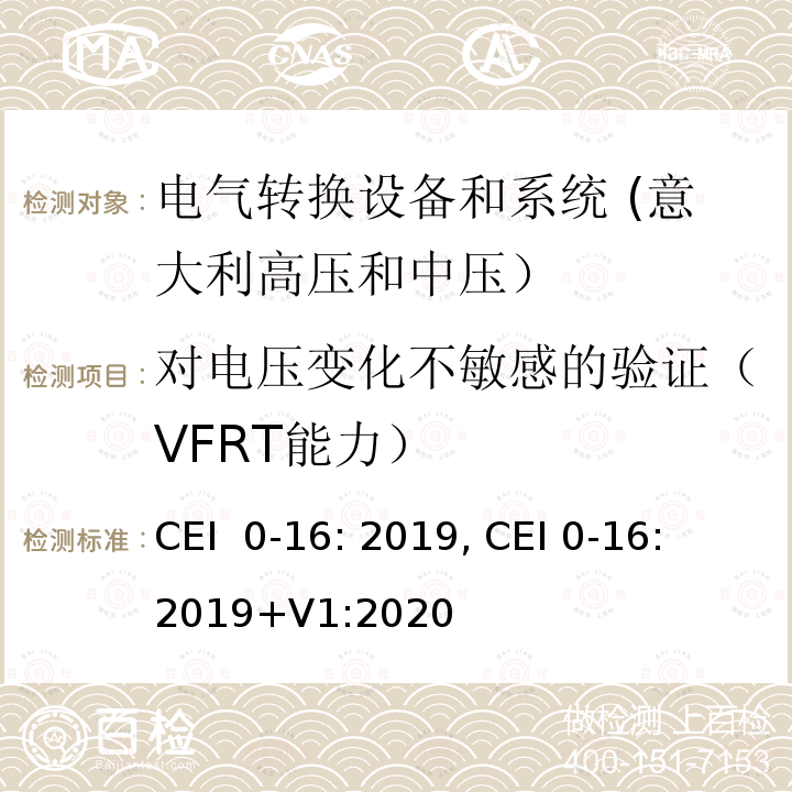 对电压变化不敏感的验证（VFRT能力） CEI  0-16: 2019, CEI 0-16: 2019+V1:2020 主动和被动用户连接至高中压电网的参考技术准则 CEI 0-16: 2019, CEI 0-16: 2019+V1:2020