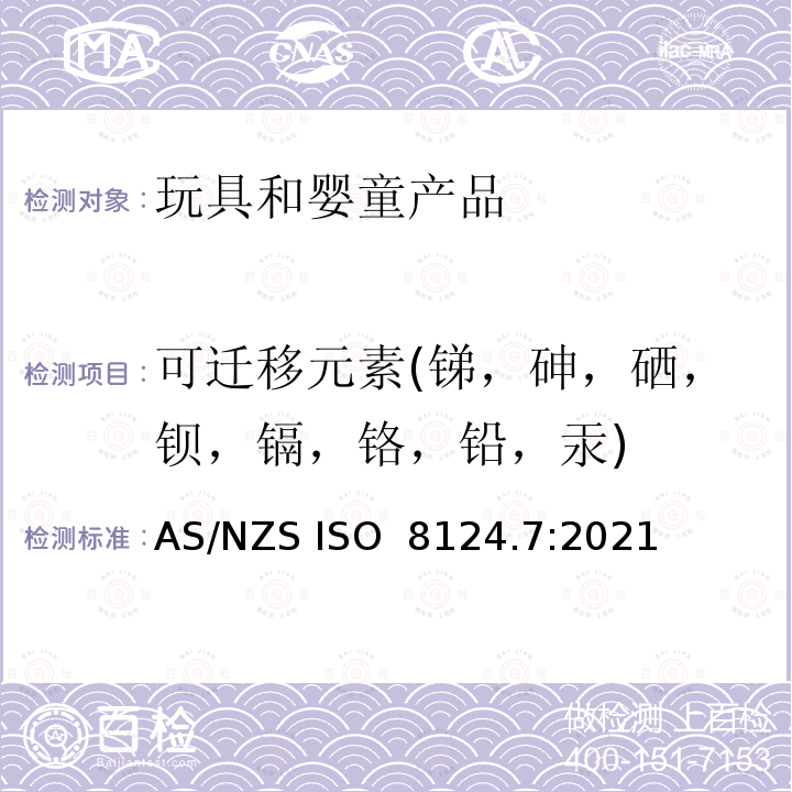 可迁移元素(锑，砷，硒，钡，镉，铬，铅，汞) AS/NZS ISO 8124.7-2021 澳大利亚标准第七部分：指画油漆材料某些元素的转移 AS/NZS ISO 8124.7:2021