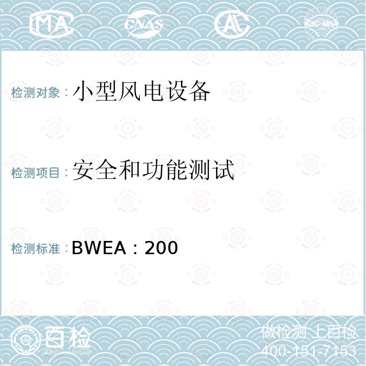 安全和功能测试 BWEA : 200 小型风力发电机性能及安全标准 2008.01.29 BWEA :2008