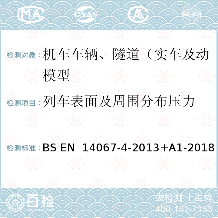 列车表面及周围分布压力 BS EN 14067-4-2013 铁路应用设施.空气动力学.第4部分:铁路通行线上空气动力学的试验方法和要求 +A1-2018