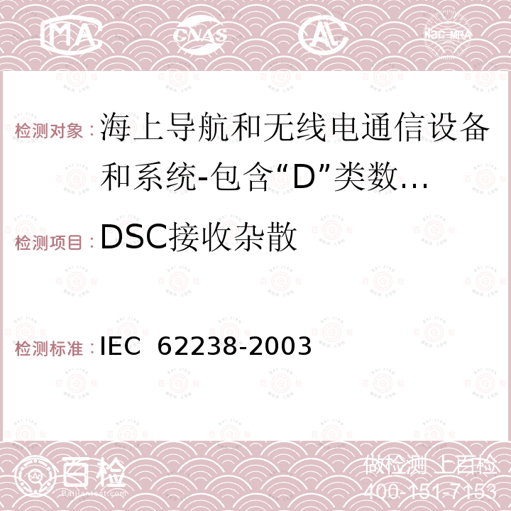 DSC接收杂散 IEC 62238-2003 海上导航和无线电通信设备及系统 结合"D"级数字选择呼叫的特高频VHF无线电话设备 测试方法和要求的测试结果