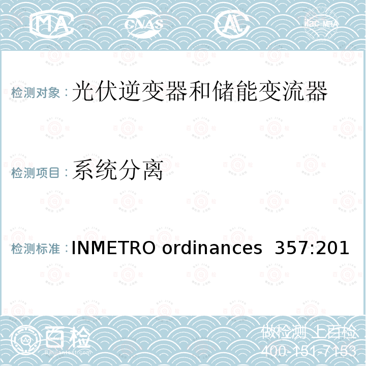 系统分离 INMETRO ordinances  357:201 光伏逆变发电系统并网要求 (巴西) INMETRO ordinances 357:2014