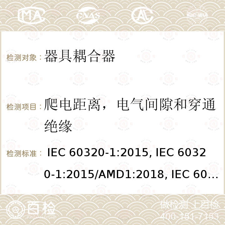 爬电距离，电气间隙和穿通绝缘 IEC 60320-1-2015 家庭和类似用途器具连接器 第1部分:一般要求