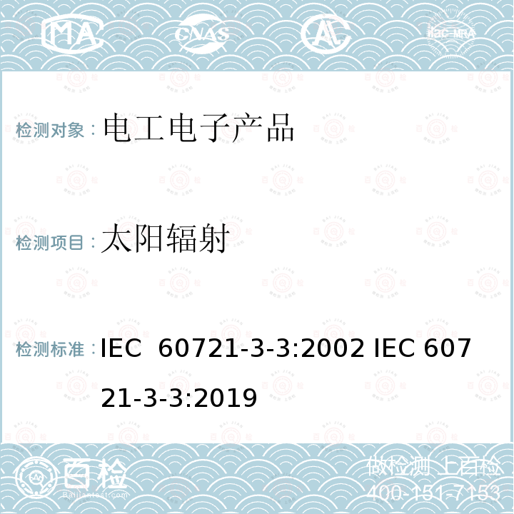 太阳辐射 IEC 60721-3-3-1994 环境条件的分类 第3部分:环境参数组及其严酷程度的分类分级 第3节:在有气候防护场所的固定使用