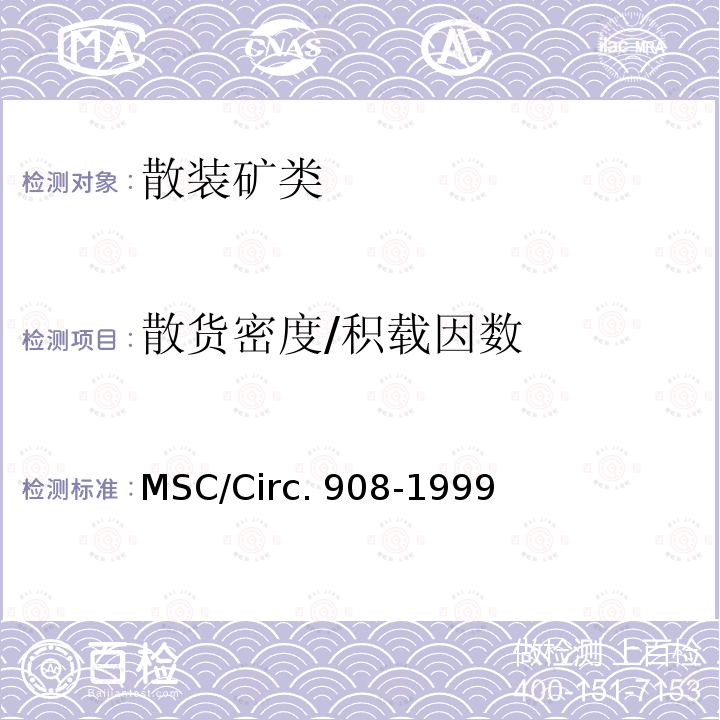 散货密度/积载因数 MSC/Circ. 908-1999 测量散装货物密度的统一方法 MSC/Circ.908-1999