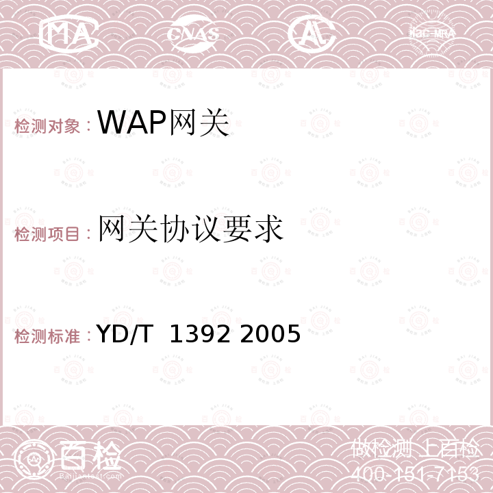 网关协议要求 无线应用协议（WAP）网关设备技术要求 YD/T 1392 2005