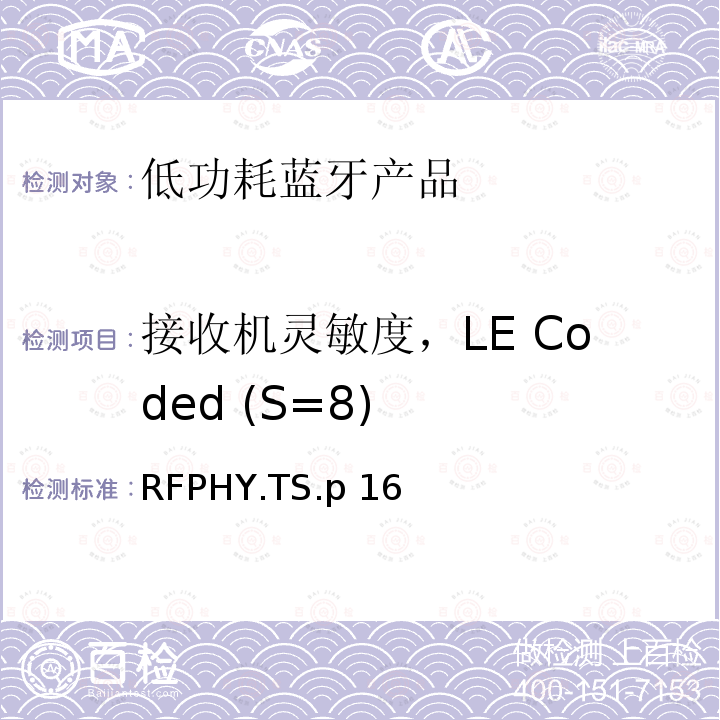 接收机灵敏度，LE Coded (S=8) RFPHY.TS.p 16  蓝牙认证低能耗射频测试标准 RFPHY.TS.p16 (2021-7-13)