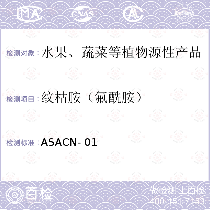 纹枯胺（氟酰胺） ASACN-01 （非标方法）多农药残留的检测方法 气相色谱串联质谱和液相色谱串联质谱法 