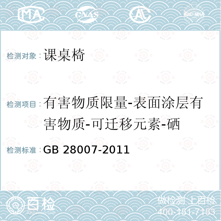 有害物质限量-表面涂层有害物质-可迁移元素-硒 GB 28007-2011 儿童家具通用技术条件