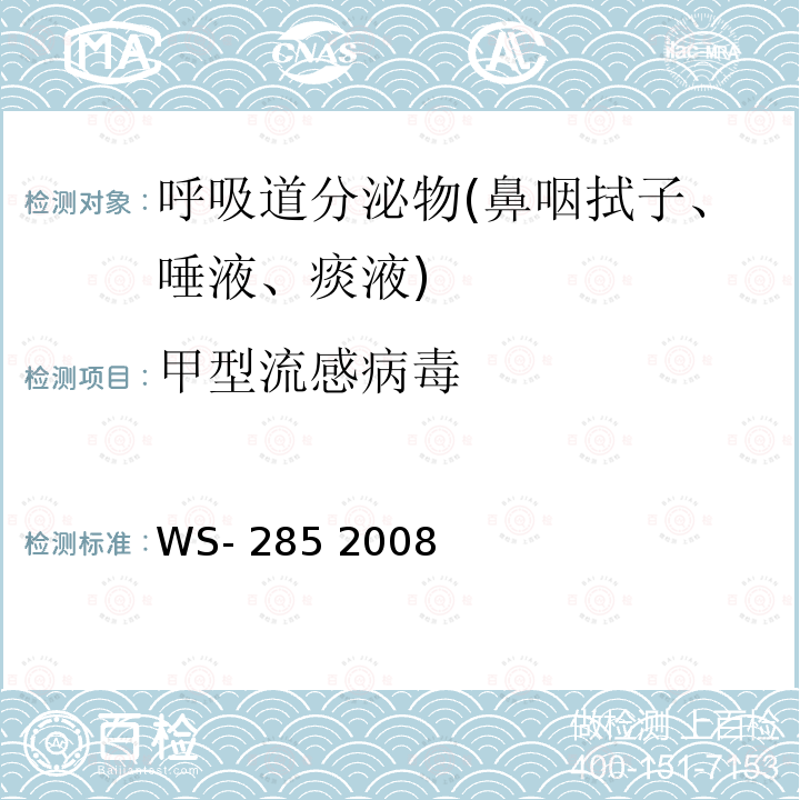 甲型流感病毒 流行性感冒诊断标准 WS-285 2008