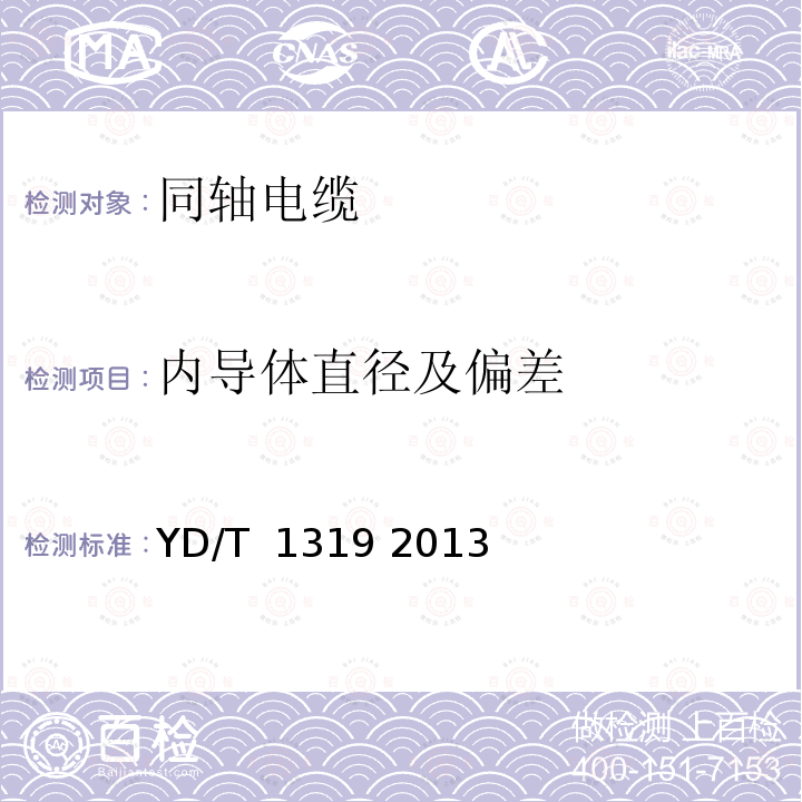 内导体直径及偏差 通信电缆－无线通信用50Ω泡沫聚乙烯绝缘编织外导体射频同轴电缆 YD/T 1319 2013