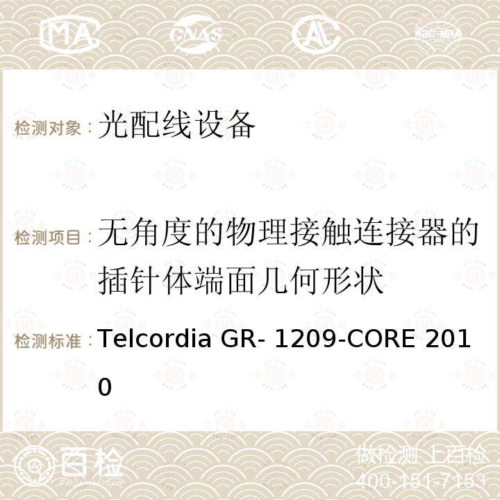 无角度的物理接触连接器的插针体端面几何形状 Telcordia GR- 1209-CORE 2010 光无源器件通用要求 Telcordia GR-1209-CORE 2010