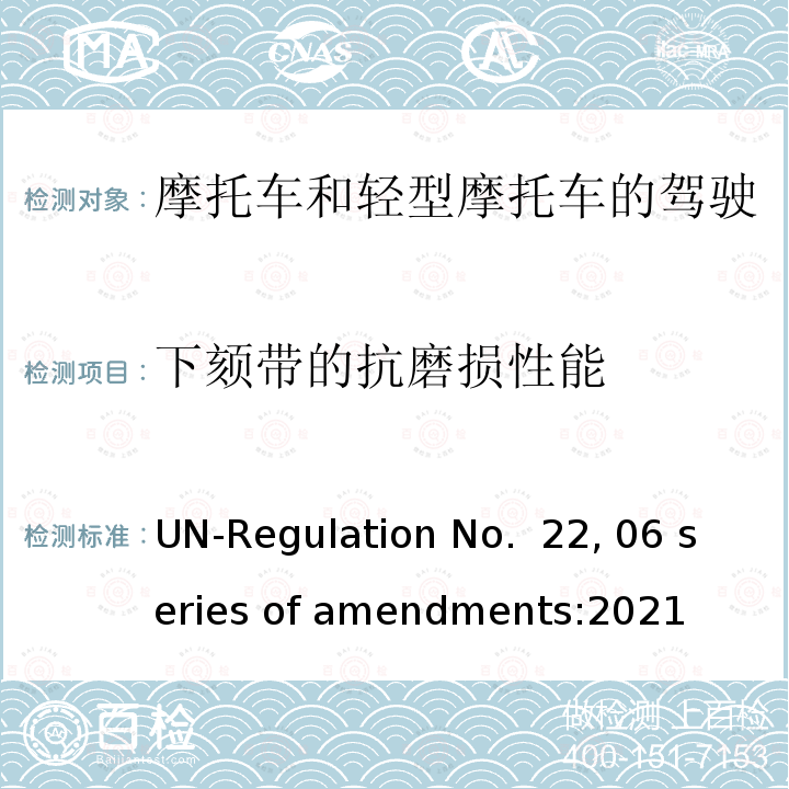 下颏带的抗磨损性能 ENTS:2021 摩托车和轻型摩托车的驾驶员及乘客用防护头盔和面罩 UN-Regulation No. 22, 06 series of amendments:2021