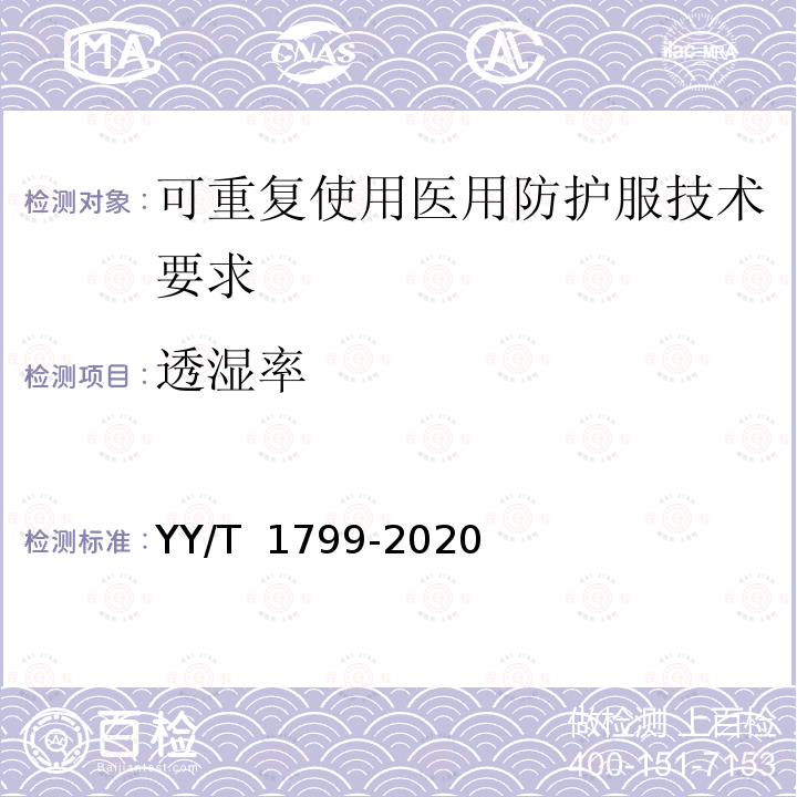 透湿率 可重复使用医用防护服技术要求 YY/T 1799-2020