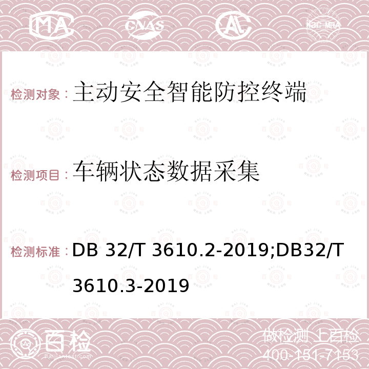 车辆状态数据采集 道路运输车辆主动安全智能防控系统技术规范 第2部分：终端及测试方法/第3部分：通讯协议 DB32/T 3610.2-2019;DB32/T 3610.3-2019