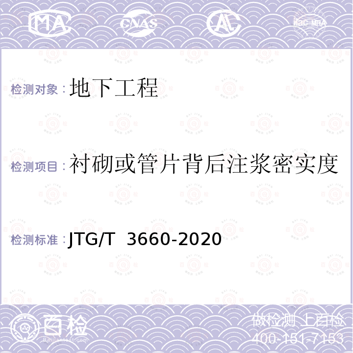 衬砌或管片背后注浆密实度 JTG/T 3660-2020 公路隧道施工技术规范