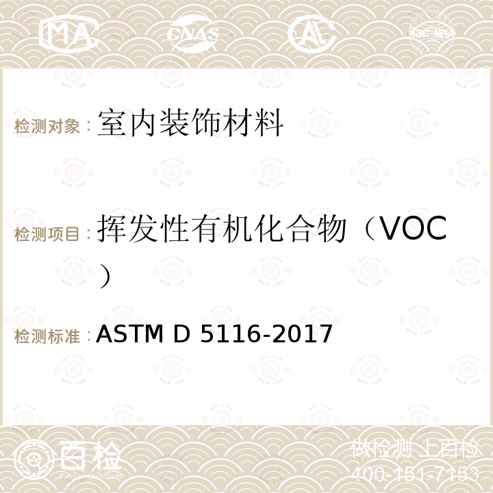 挥发性有机化合物（VOC） 小型环境室法测定室内材料/制品中挥发性有机物排放的标准指南 ASTM D5116-2017