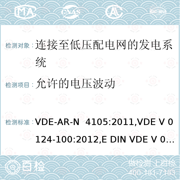 允许的电压波动 VDE-AR-N  4105:2011,VDE V 0124-100:2012,E DIN VDE V 0124-100:2013-10 连接至低压配电网的发电系统-与低压配电网连接的最小技术要求 VDE-AR-N 4105:2011,VDE V 0124-100:2012,E DIN VDE V 0124-100:2013-10