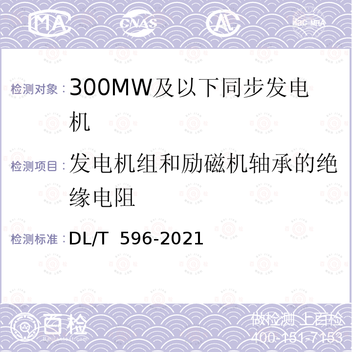 发电机组和励磁机轴承的绝缘电阻 DL/T 596-2021 电力设备预防性试验规程