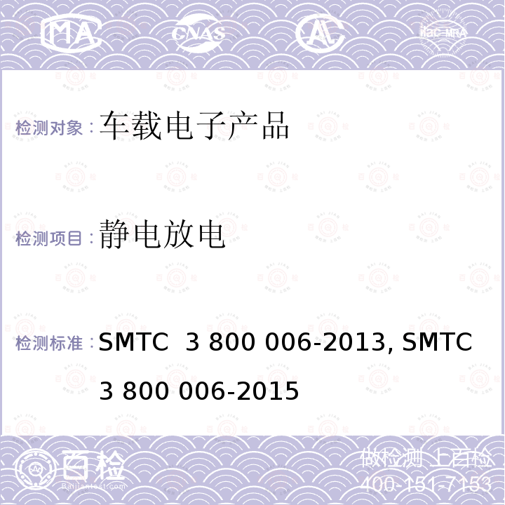 静电放电 (上汽)电子电器零件/系统电磁兼容测试规范电子电器零件/系统电磁兼容测试规范 SMTC 3 800 006-2013, SMTC 3 800 006-2015