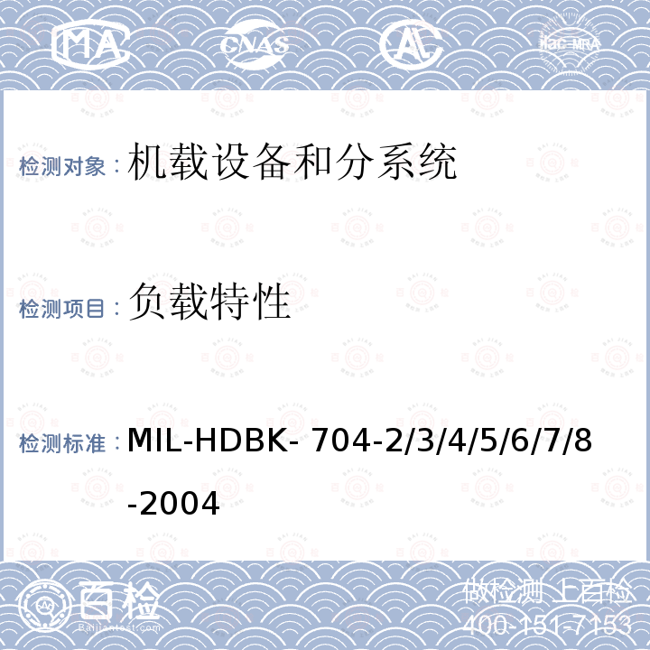 负载特性 MIL-HDBK- 704-2/3/4/5/6/7/8-2004 机载用电设备的供电适应性试验指南 MIL-HDBK-704-2/3/4/5/6/7/8-2004