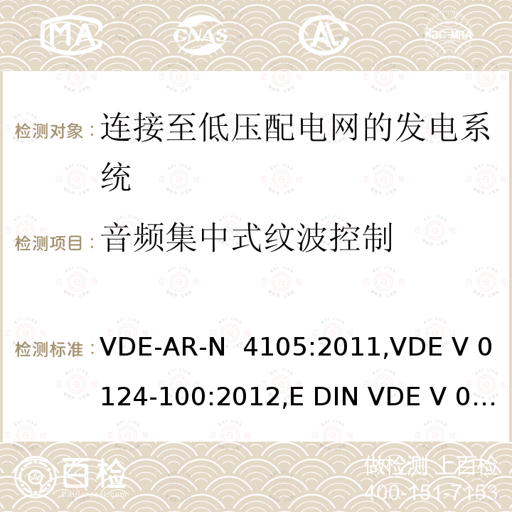 音频集中式纹波控制 VDE-AR-N  4105:2011,VDE V 0124-100:2012,E DIN VDE V 0124-100:2013-10 连接至低压配电网的发电系统-与低压配电网连接的最小技术要求 VDE-AR-N 4105:2011,VDE V 0124-100:2012,E DIN VDE V 0124-100:2013-10