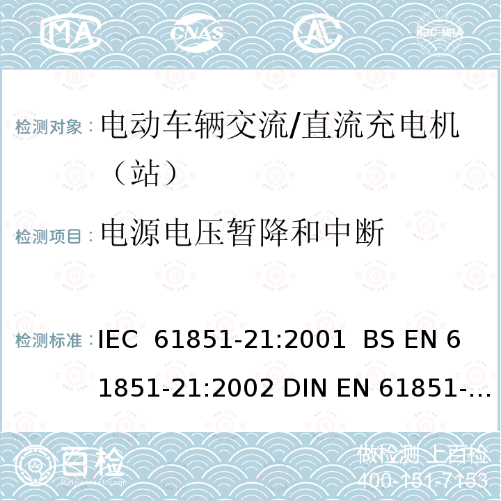 电源电压暂降和中断 IEC 61851-21-2001 电动车辆传导充电系统 第21部分:与直流/交流电源传导连接的电动车辆要求