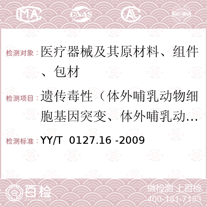 遗传毒性（体外哺乳动物细胞基因突变、体外哺乳动物细胞染色体畸变） 口腔医疗器械生物学评价 第2单元：试验方法 哺乳动物细胞体外染色体畸变试验 YY/T 0127.16 -2009