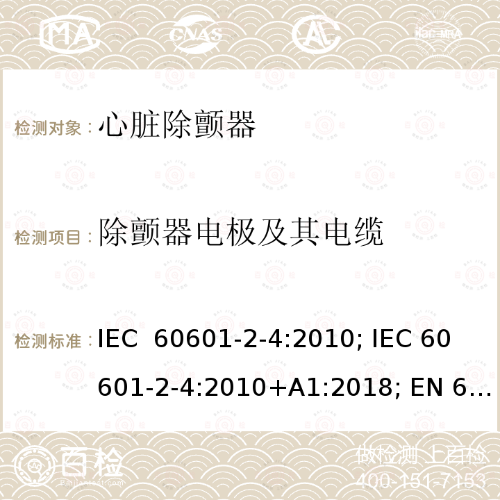 除颤器电极及其电缆 医用电气设备 第2-4部分:心脏除颤器的安全专用要求 IEC 60601-2-4:2010; IEC 60601-2-4:2010+A1:2018; EN 60601-2-4:2011; EN 60601-2-4:2011+A1:2019