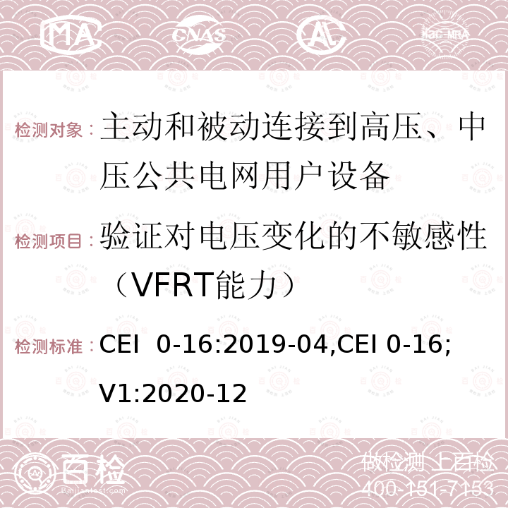 验证对电压变化的不敏感性（VFRT能力） CEI  0-16:2019-04,CEI 0-16;V1:2020-12 对于主动和被动连接到高压、中压公共电网用户设备的技术参考规范 CEI 0-16:2019-04,CEI 0-16;V1:2020-12