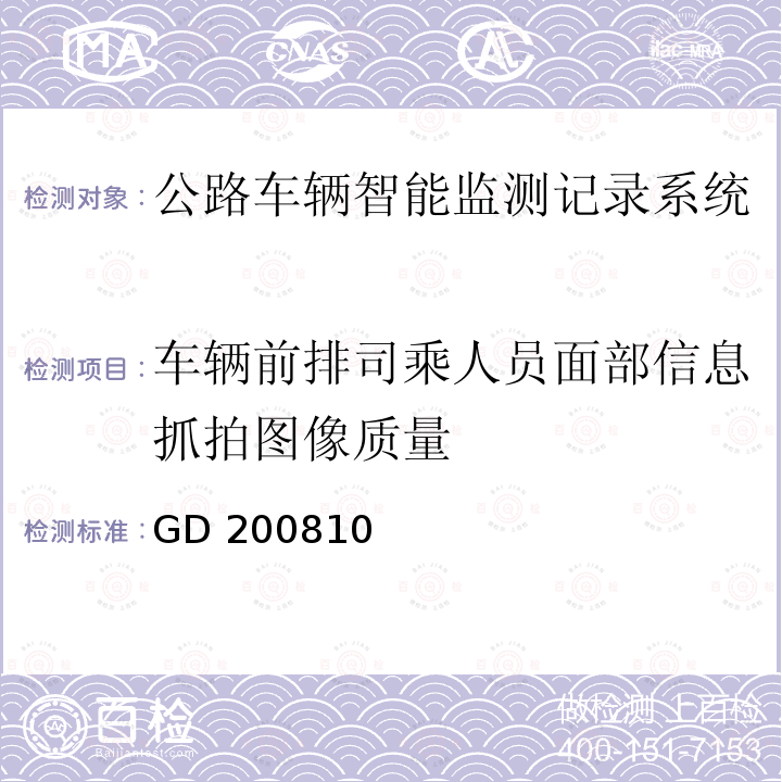 车辆前排司乘人员面部信息抓拍图像质量 GD 200810 广东省治安卡口视频监控系统建设规范 GD200810