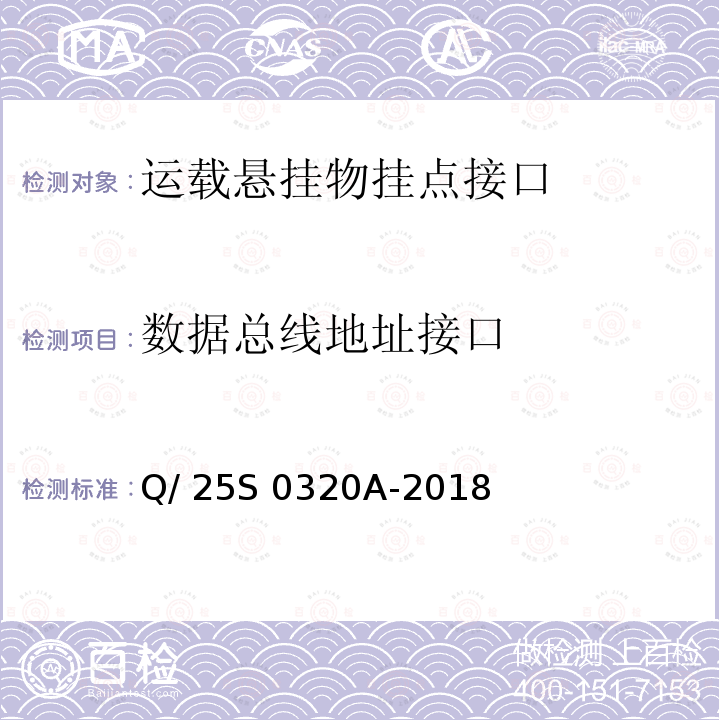 数据总线地址接口 Q/ 25S 0320A-2018 《GJB 1188A<飞机/悬挂物电气连接系统接口要求>符合性验证方法 第1部分：运载悬挂物挂点接口》 Q/25S 0320A-2018