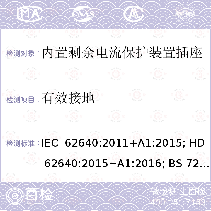 有效接地 用于家用和类似用途插座的带和不带过流保护的剩余电流装置 IEC 62640:2011+A1:2015; HD 62640:2015+A1:2016; BS 7288:2016