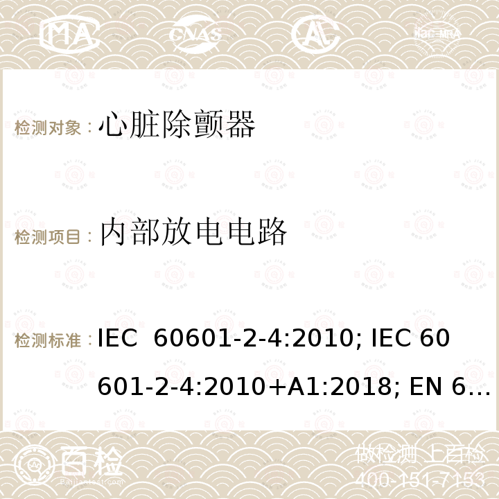 内部放电电路 医用电气设备 第2-4部分:心脏除颤器的安全专用要求 IEC 60601-2-4:2010; IEC 60601-2-4:2010+A1:2018; EN 60601-2-4:2011; EN 60601-2-4:2011+A1:2019
