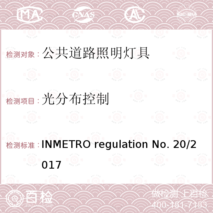 光分布控制 INMETRO regulation No. 20/2017 公共道路照明灯具的技术质量要求 INMETRO regulation No.20/2017