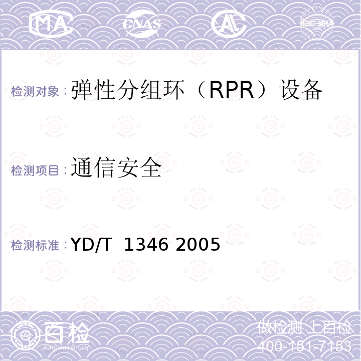 通信安全 基于SDH的多业务传送节点(MSTP)测试方法-内嵌弹性分组环（RPR）功能部分 YD/T 1346 2005