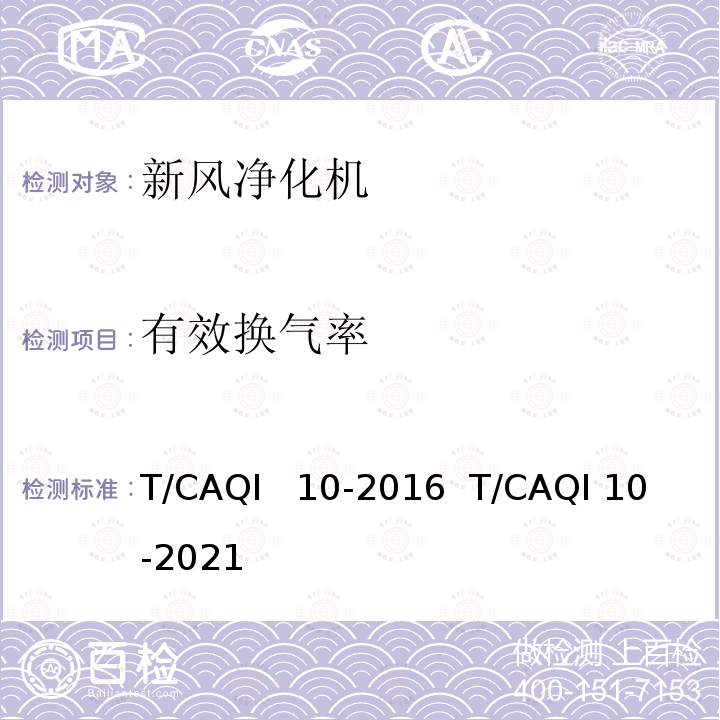有效换气率 新风净化机 T/CAQI  10-2016  T/CAQI 10-2021