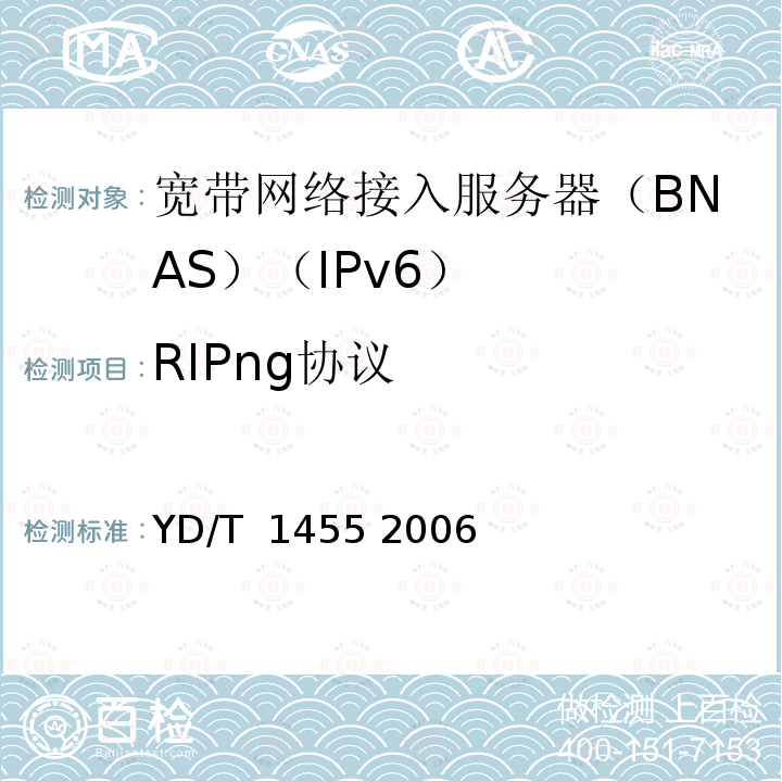 RIPng协议 IPv6网络设备测试方法——支持IPv6 的核心路由器 YD/T 1455 2006