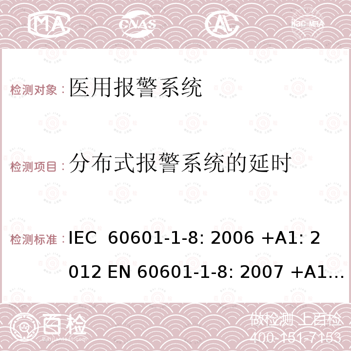 分布式报警系统的延时 医用电气设备 第1-8部分:基本安全和基本性能通用要求 并列标准 医疗设备及医疗系统中报警系统的通用要求，测试及指导 IEC 60601-1-8: 2006 +A1: 2012 EN 60601-1-8: 2007 +A1:2013