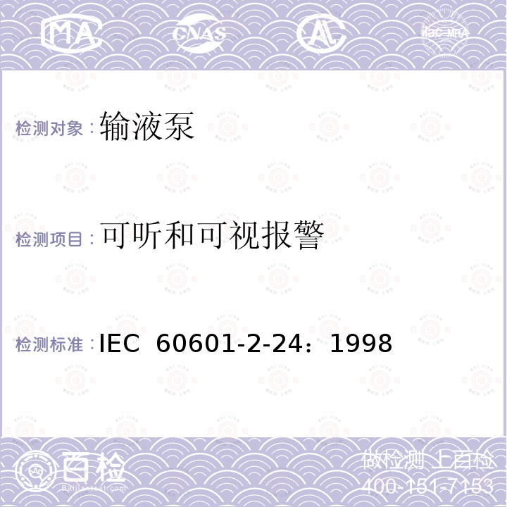可听和可视报警 医用电气设备 第2-24部分：输液泵和输液控制器安全专用要求 IEC 60601-2-24：1998