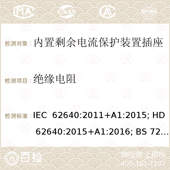 绝缘电阻 用于家用和类似用途插座的带和不带过流保护的剩余电流装置 IEC 62640:2011+A1:2015; HD 62640:2015+A1:2016; BS 7288:2016