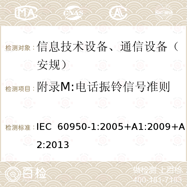 附录M:电话振铃信号准则 信息技术设备-安全  第1部分 通用要求 IEC 60950-1:2005+A1:2009+A2:2013