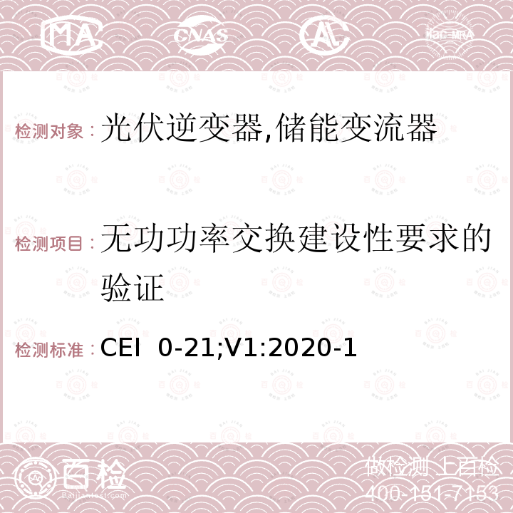 无功功率交换建设性要求的验证 CEI  0-21;V1:2020-1 主、被动用户与低压电气设施连接参考技术规程（意大利） CEI 0-21;V1:2020-12