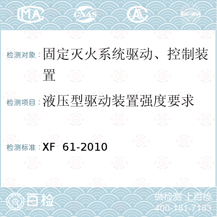 液压型驱动装置强度要求 《固定灭火系统驱动、控制装置通用技术条件》 XF 61-2010