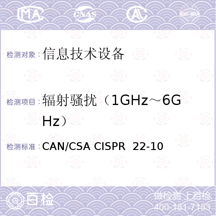 辐射骚扰（1GHz～6GHz） CAN/CSA CISPR 22-10 信息技术设备的无线电骚扰限值和测量方法 