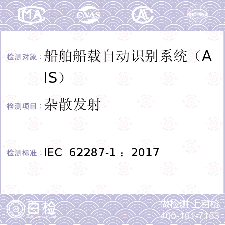 杂散发射 《海上导航和无线电通信设备和系统-自动识别系统（AIS）的B级船载设备-第1部分：载波侦听时分多址（CSTDMA）技术》 IEC 62287-1 ：2017